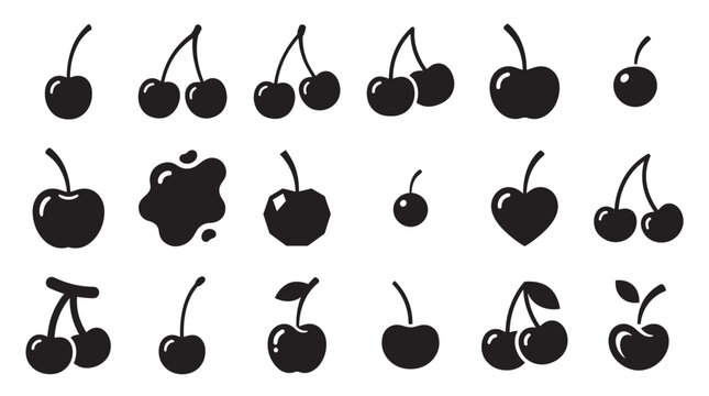 Set of black cherry vector silhouettes in different graphic styles, featuring single fruits, pairs with stems, a leaf, a juice splash, and a heart shape for logo or pictogram use