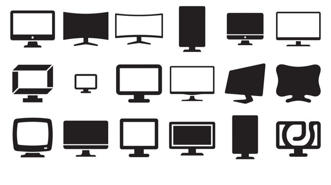 Collection of black computer monitor icons in various shapes and styles, including flat, curved, vertical, and abstract designs, presented as a minimalist vector graphic set