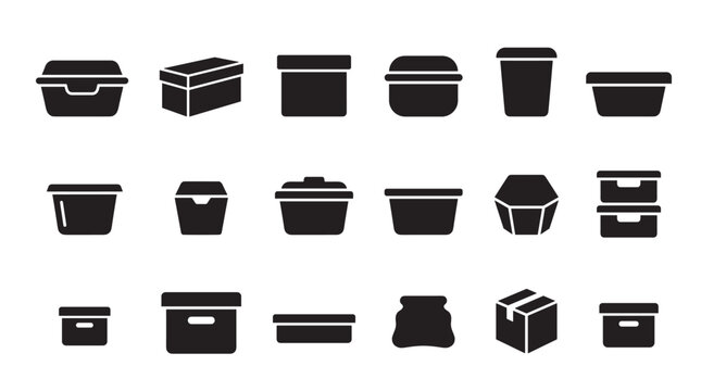 Collection of black silhouette container icons showing various types of packaging, including food boxes, storage bins, and shipping cartons in a simple flat glyph style