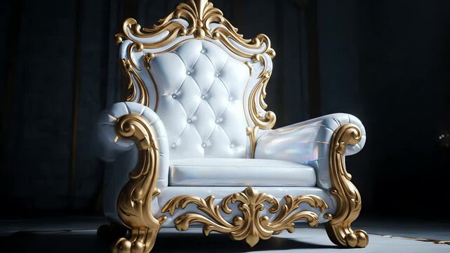 Majestic ornate throne chair with luxurious gold accents and plush white upholstery in a dimly lit opulent room