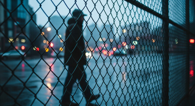 A silhouette of a person wearing a cap walking past a chain-link fence on a rainy city street at dusk - Powered by Adobe