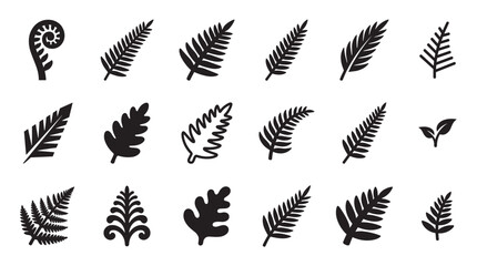 Collection of black fern leaf icons and frond silhouettes in various graphic styles, including a koru fiddlehead, presented as a botanical design element set for nature themes