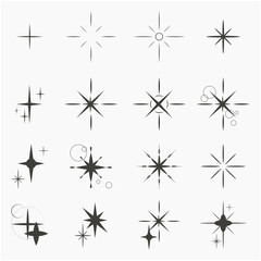 Set of stars sparks and sparkles Y2K. Vector collection glint glitter, shining twinkle sunburst illustration. Shapes of stars and rays.