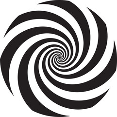 Abstract black and white spiral pattern with thick, curved stripes creating a hypnotic vortex effect with sharp edges also transparent background