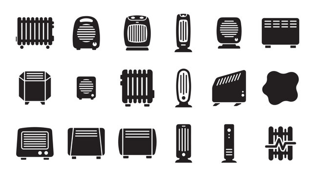 Collection of black electric heater icons showing various home appliances like radiators, fan heaters, and convectors for climate control in a simple glyph silhouette style