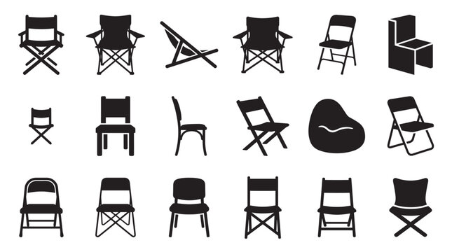 Collection of various chair silhouettes including folding, director, camping, and beanbag chairs presented as a flat black vector icon set for furniture and interior design concepts