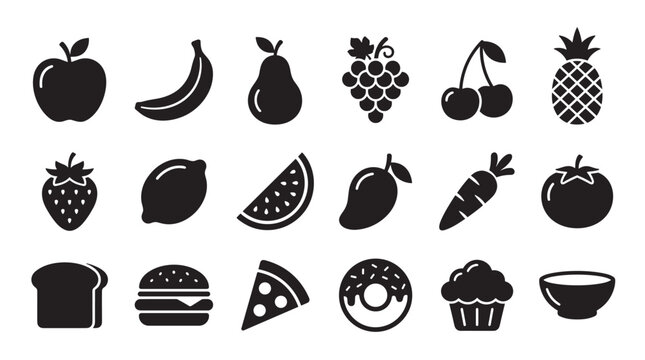 Collection of black food icons representing various fruits, vegetables, and meals, including apple, banana, pizza, and burger, presented as a simple glyph set