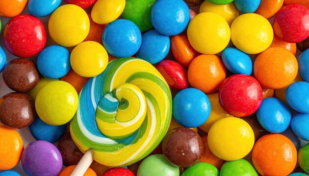 A vibrant close up of a colorful assortment of sweet candies and a swirl lollipop. - Powered by Adobe