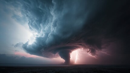 updraft. A powerful tornado with a calm center, rotating cloud walls and lightning strikes around it. ESG reports, sustainability campaigns, designed for environmental awareness campaigns.