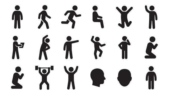 Large set of black human pictograms showing people in various poses and activities like walking, running, jumping, sitting, and lifting weights in a simple graphic style