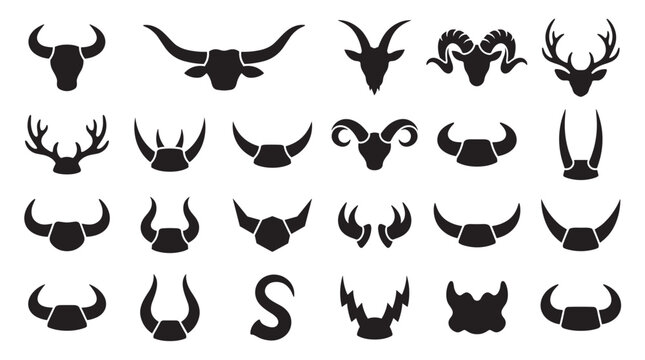 Large collection of black animal horn and antler silhouettes featuring various species like bulls, goats, rams, and deer in a minimalist graphic icon set