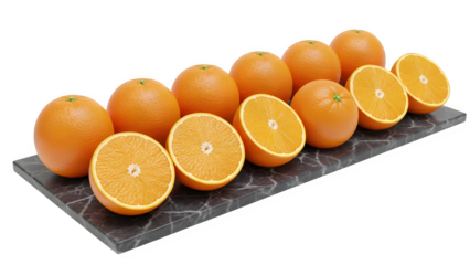 Freshly sliced and whole oranges arranged neatly on a dark marble slab against a for vibrant food design