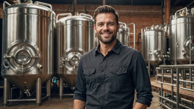 Smiling man standing confidently in a modern brewery
