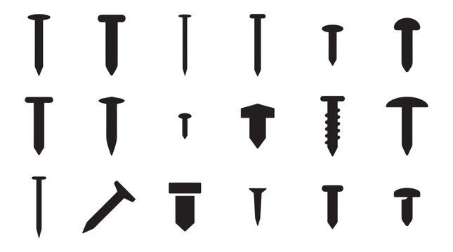 Collection of black nail and screw silhouettes showing various types of fasteners like tacks, brads, and wood screws in a minimalist graphic icon set for construction concepts