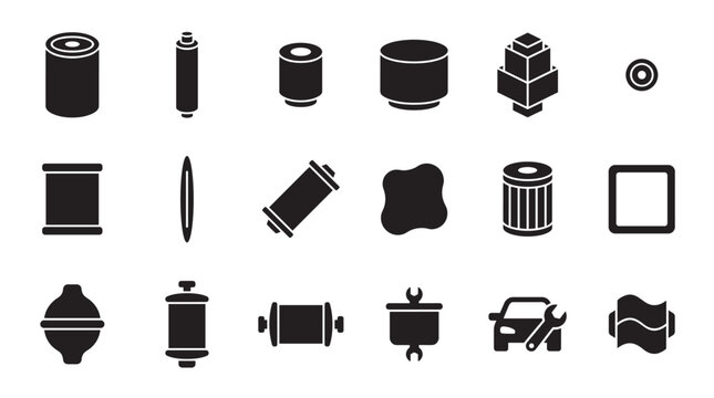 Set of black silhouette car filter icons showing various types of automotive parts for engine maintenance and vehicle repair, presented in a clean, minimalist graphic style