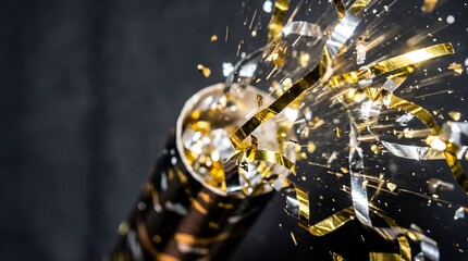 Gold and Silver Confetti Exploding from Party Cannon