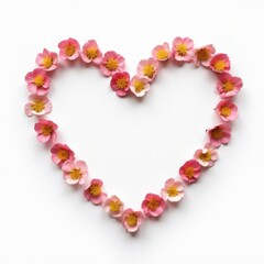 Obraz premium A heart shape formed by pink flowers with yellow centers arranged on a white background, symbolizing love and affection.