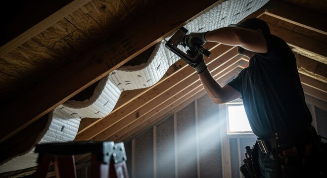 Dynamic movement showing continuous stapling of flexible insulation baffles along angled attic rafters for enhanced air pathways.