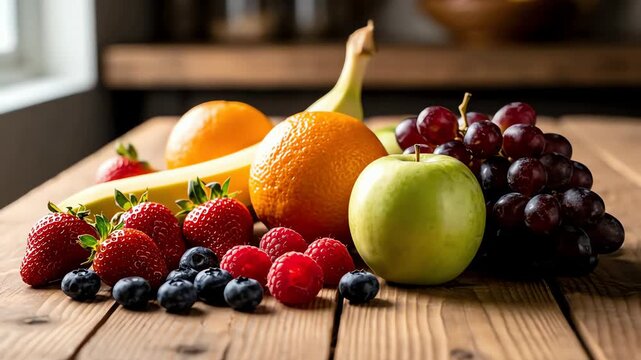 A vibrant and fresh assortment of healthy fruits artfully arranged on a rustic wooden table