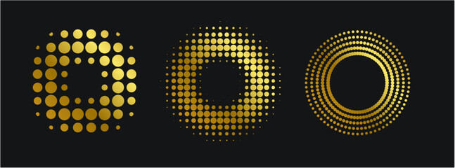 Gold Halton set design template on black background. Gold round frame. Glitter pattern circle logo. Dots emblem. Modern futuristic texture border