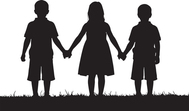Silhouette of three children holding hands standing in a grassy field, two boys and one girl, representing friendship, unity, and childhood innocence against a clean white also transparent background