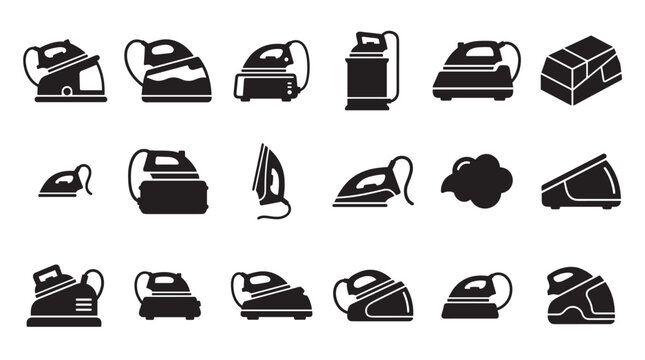 Collection of black steam iron icons and glyphs showing various models of household appliances for ironing clothes in a minimalist graphic style for design elements