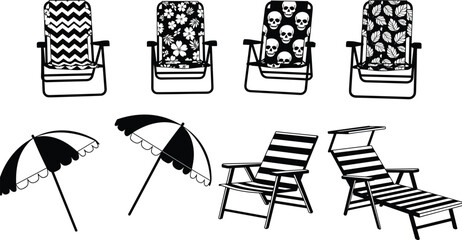 Beach chair and umbrella set, summer vector illustration, black silhouette design, lounge furniture, vacation gear, tropical outdoor relaxation scene
