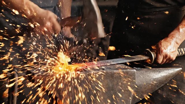 Japanese Swordsmith Forging Red-Hot Blade with Sparks in Dark Forge - AI Generated