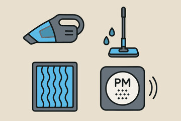Modern cleaning tools and air quality monitor icons
