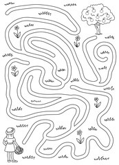 Girl garden maze graphic black white sketch vertical illustration vector 