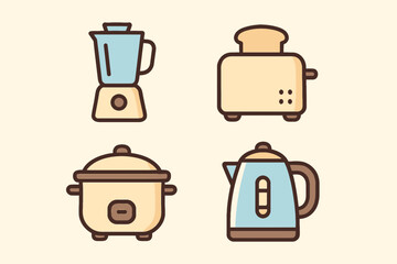 Set of kitchen appliances including blender, toaster, slow cooker, kettle