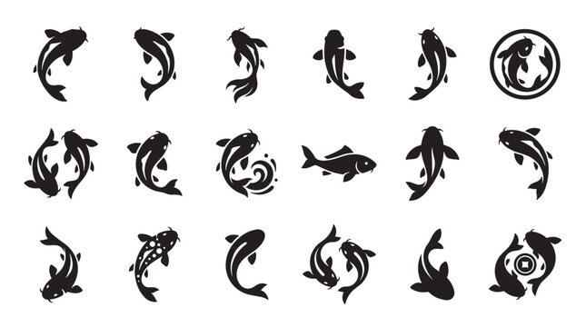 Black koi fish icon set with various carp silhouettes swimming in dynamic poses, representing traditional Asian culture, luck, and harmony in a minimalist graphic style