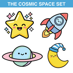 Kawaii space characters sticker set with moon and rocket