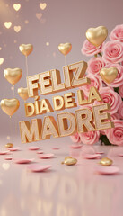 Golden Feliz Dia de la Madre text art with heart balloons, pink roses, and scattered petals creates a celebratory backdrop for Mother's Day greetings and wishes. 
