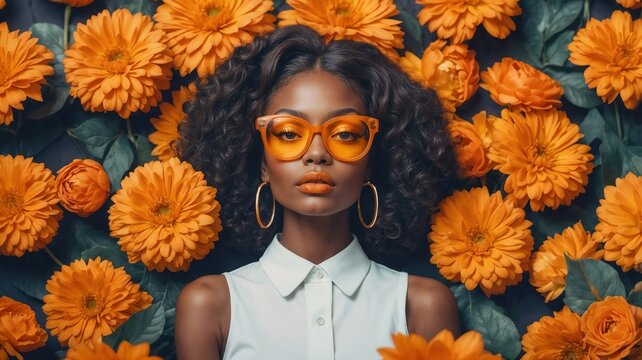 Beautiful Black woman wearing orange sunglasses among vibrant flowers