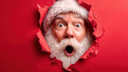 Santa Claus surprised, peeking through torn red paper