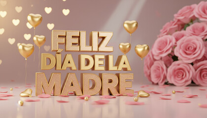 Golden Feliz Dia de la Madre text art with heart balloons, pink roses, and scattered petals creates a celebratory backdrop for Mother's Day greetings and wishes. 
