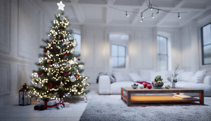 Christmas tree in white modern living room interieur, clean, all-white interior design and festive xmas tree with blurry string lights, architectural photography of contemporary home for real estate