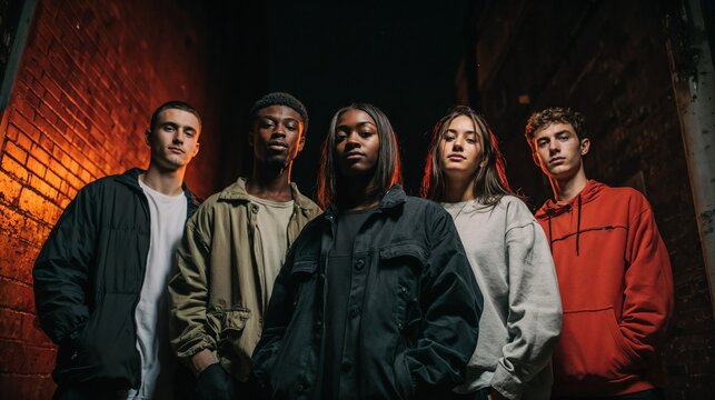 Diverse youth group standing confidently in urban alley at night