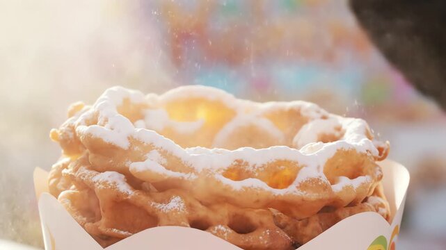 Close up of powdered sugar being dusted onto a freshly fried funnel cake at a carnival