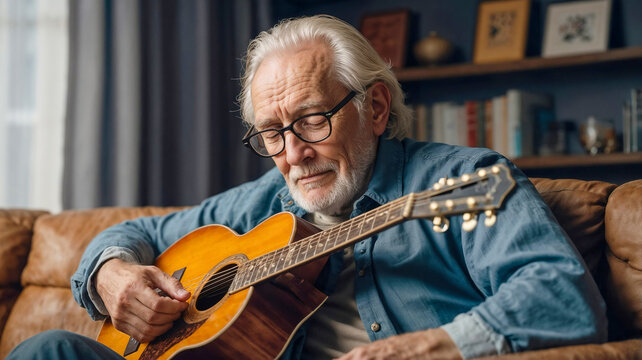 Senior man playing acoustic guitar with concentration at home