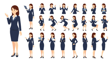 Obraz premium Comprehensive character set of a businesswoman in a formal suit, showing various poses, actions, and expressions for animation.