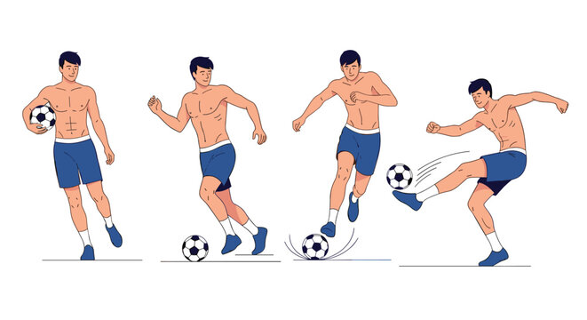 Dynamic sequence of a muscular man playing soccer, showing different actions like dribbling and kicking the ball illustration.