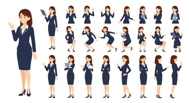 Comprehensive character set of a businesswoman in a formal suit, showing various poses, actions, and expressions for animation.