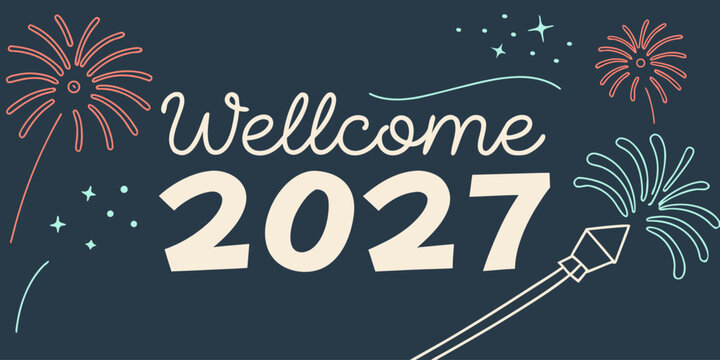 &ldquo;Wellcome 2027 Festive Fireworks Illustration with Bright Red and Blue Bursts, Spark Wand and Modern Holiday Greeting Design for Posters, Cards, Banners and New Year Celebration Projects&rdquo;  