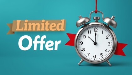 Limited offer banner with alarm clock and red ribbon on blue background showing urgency and time sensitivity