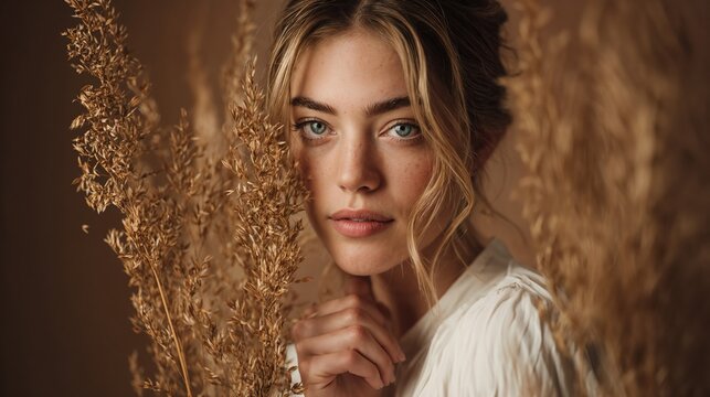 Young woman gazing serenely amidst dried golden grass in a warm, natural setting