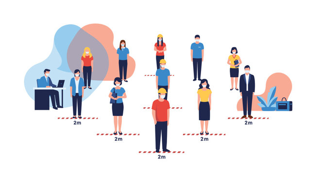 An illustrative concept of social distancing with diverse people standing 2 meters apart to prevent virus transmission.