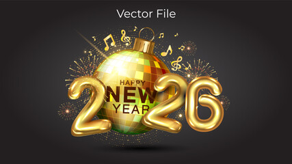 Fototapeta na wymiar Happy New Year 2026 golden logo with disco ball and music notes on vibrant festive fireworks background. 
