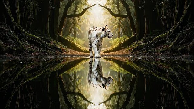 In this captivating video, a majestic white tiger strides gracefully through a lush forest. The enchanting scenery and reflective water create an immersive experience, showcasing the beauty of wildlif